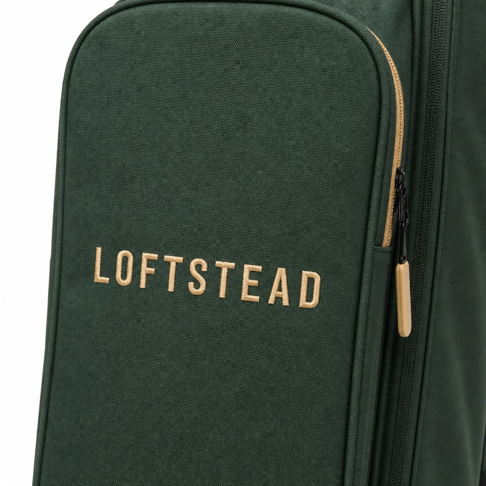 Close-up of the Loftstead embroidery on the Sunday Stand Bag pocket
