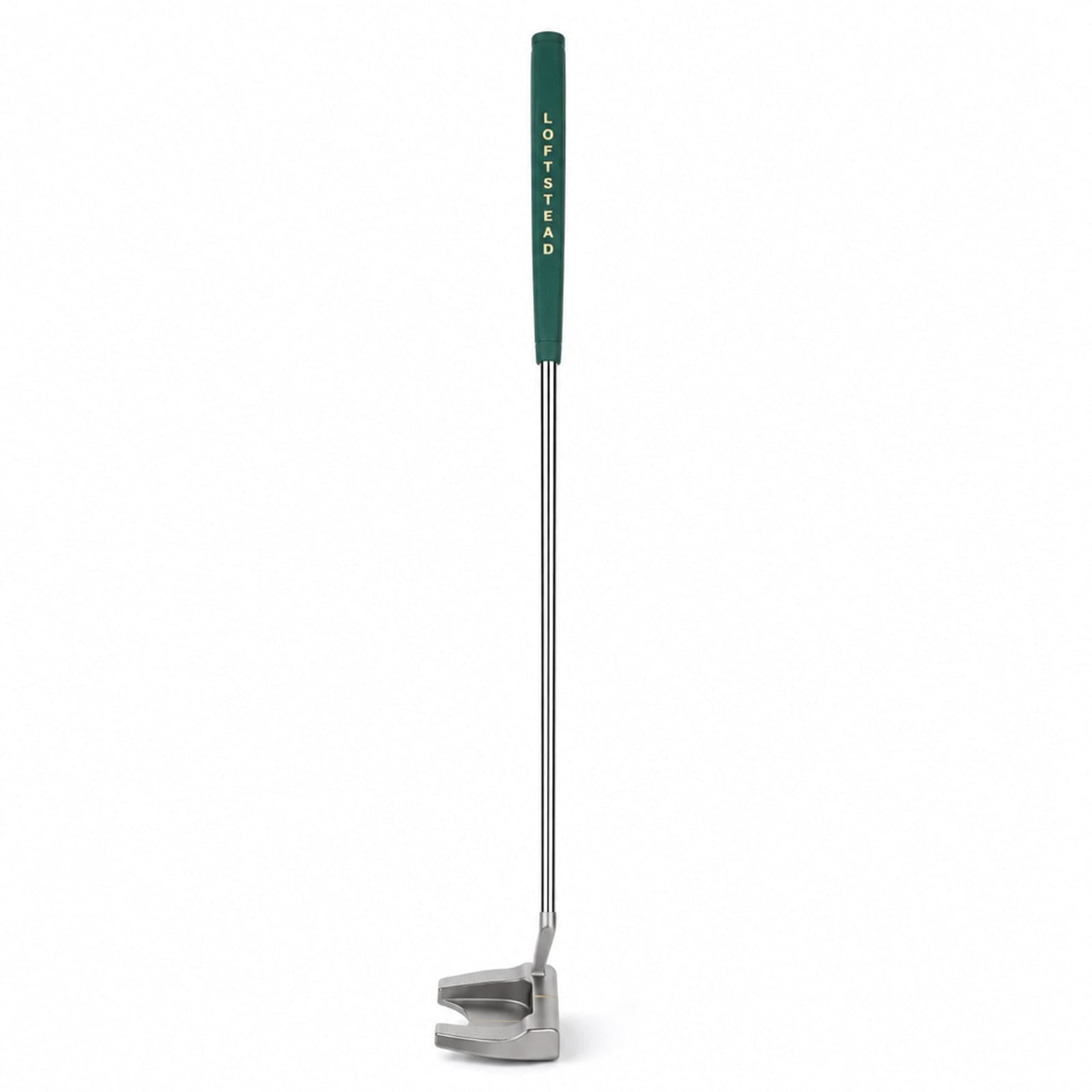 Loftstead milled mallet putter, full club studio view with the Loftstead name on the grip