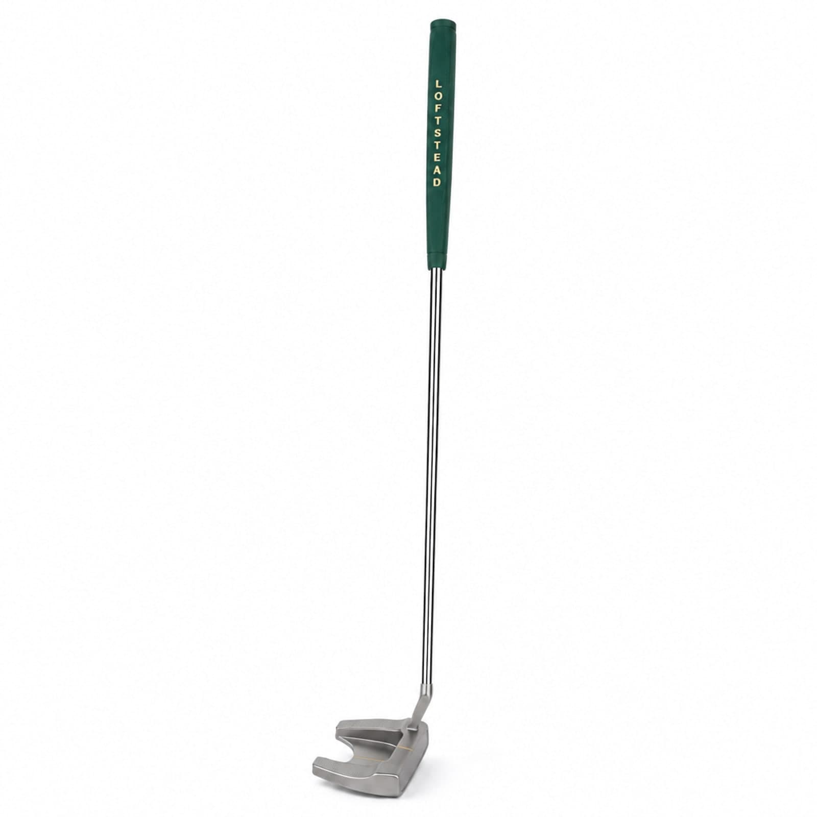 Loftstead milled mallet putter head at address with the Loftstead name visible