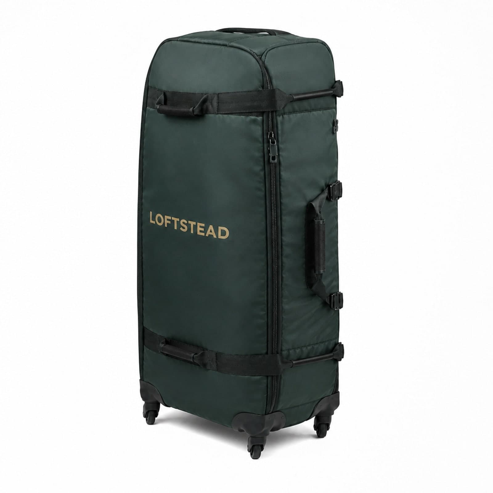Loftstead travel cover at an angle with wheels and the Loftstead name visible